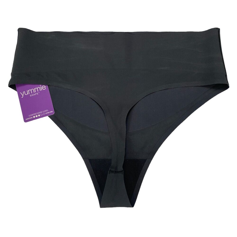 Yummie Thong Panty Underwear Womens Medium Black Solid‎ Kenna Mid Waist Stretch